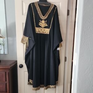 Black and Gold Embroidered Kaftan Vintage One Size